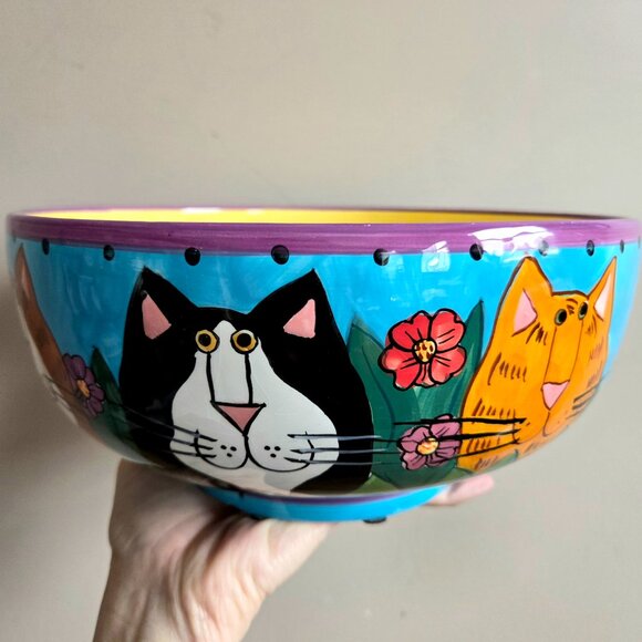 Catzilla Other - Large vintage ceramic bowl Catzilla 1999 by Candace Reiter w/hand painted cats.